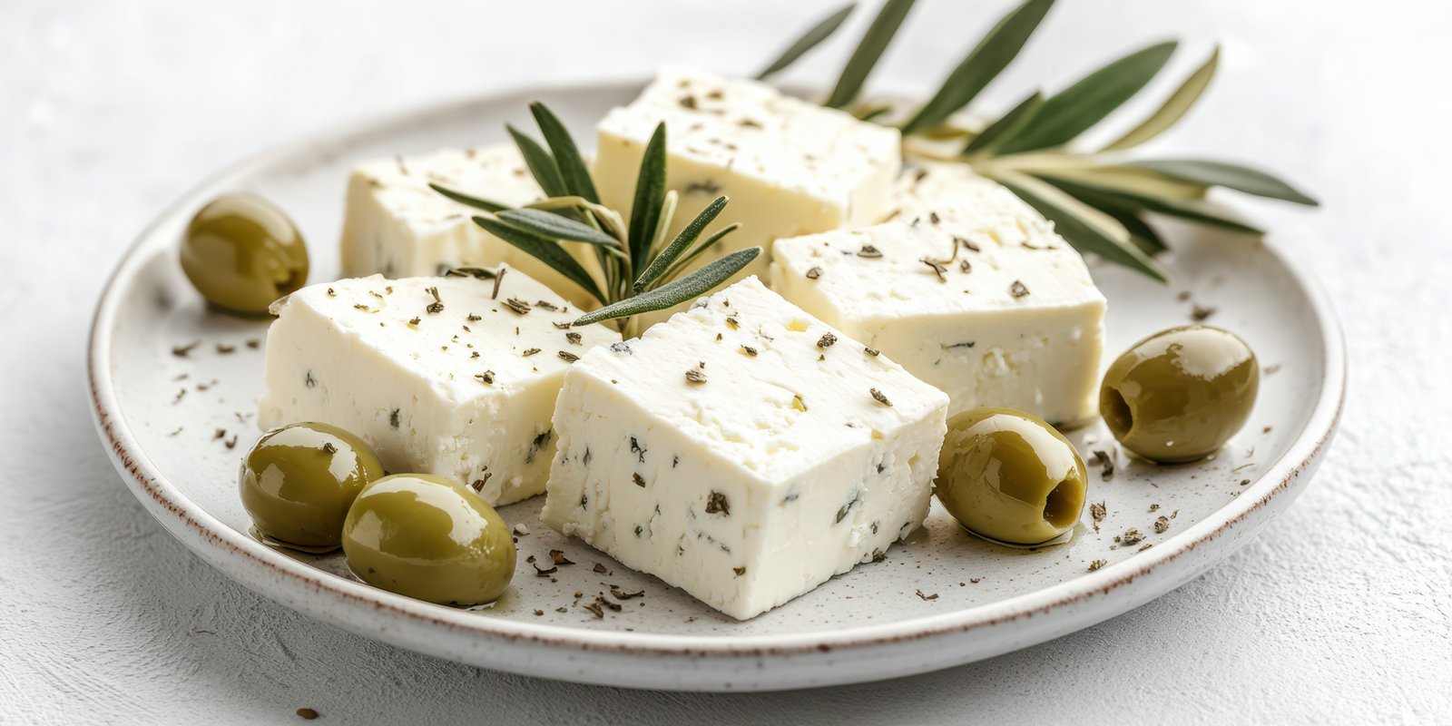 Freshly prepared feta cheese garnished with olives and herbs on a simple plate